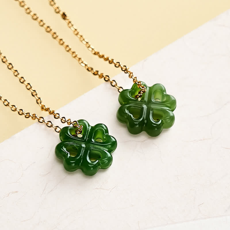 EverestArtstudios Jade Four Leaf Clover Luck Hand Carved Pendant Necklace