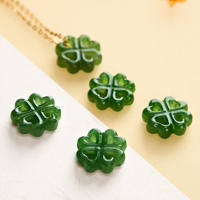 EverestArtstudios Jade Four Leaf Clover Luck Hand Carved Pendant Necklace