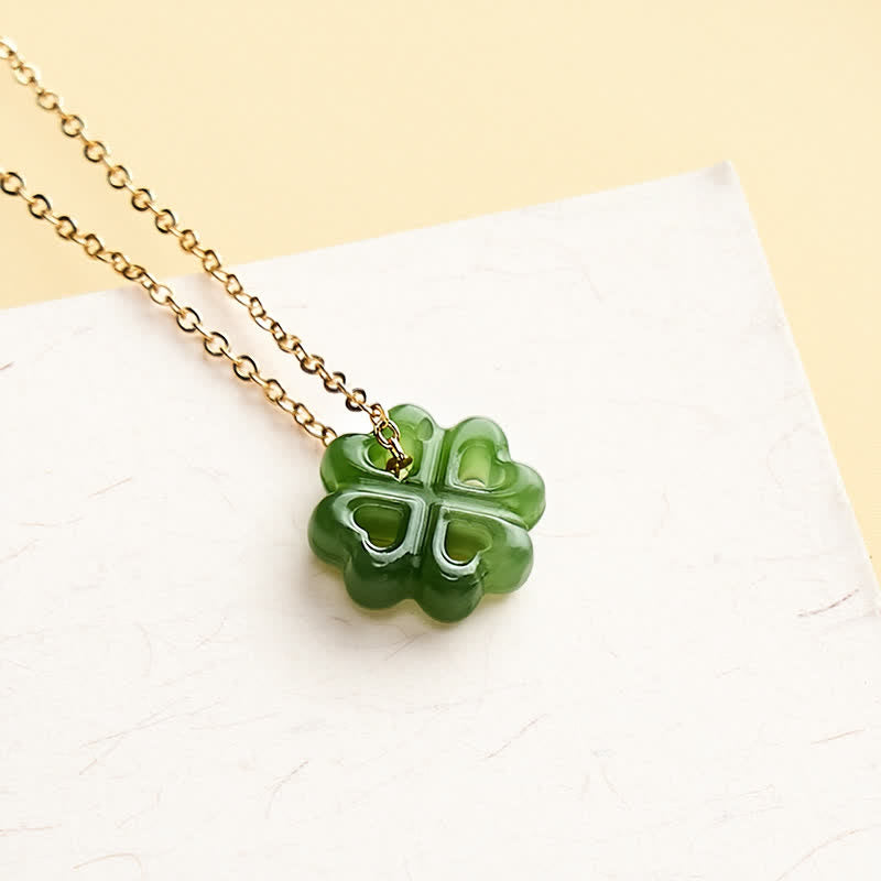 EverestArtstudios Jade Four Leaf Clover Luck Hand Carved Pendant Necklace