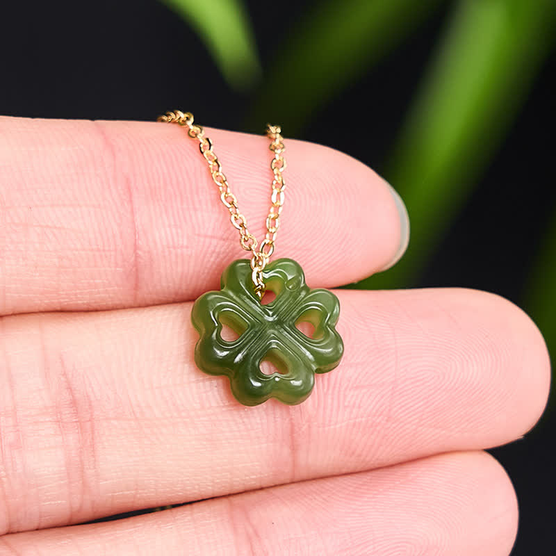 EverestArtstudios Jade Four Leaf Clover Luck Hand Carved Pendant Necklace