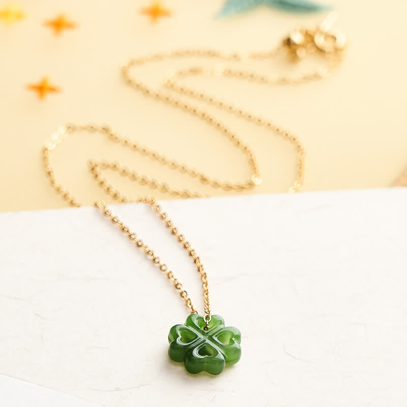 EverestArtstudios Jade Four Leaf Clover Luck Hand Carved Pendant Necklace
