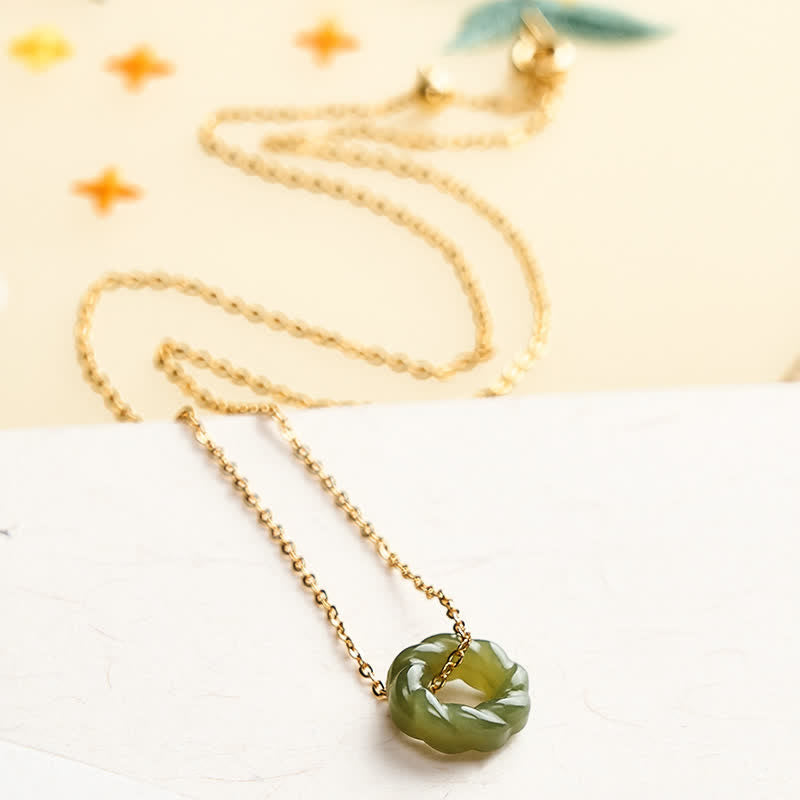 EverestArtstudios Hand Carved Hetian Jade Fried Dough Twists Blessing Vintage Necklace