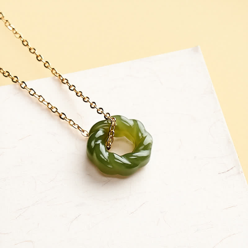 EverestArtstudios Hand Carved Hetian Jade Fried Dough Twists Blessing Vintage Necklace