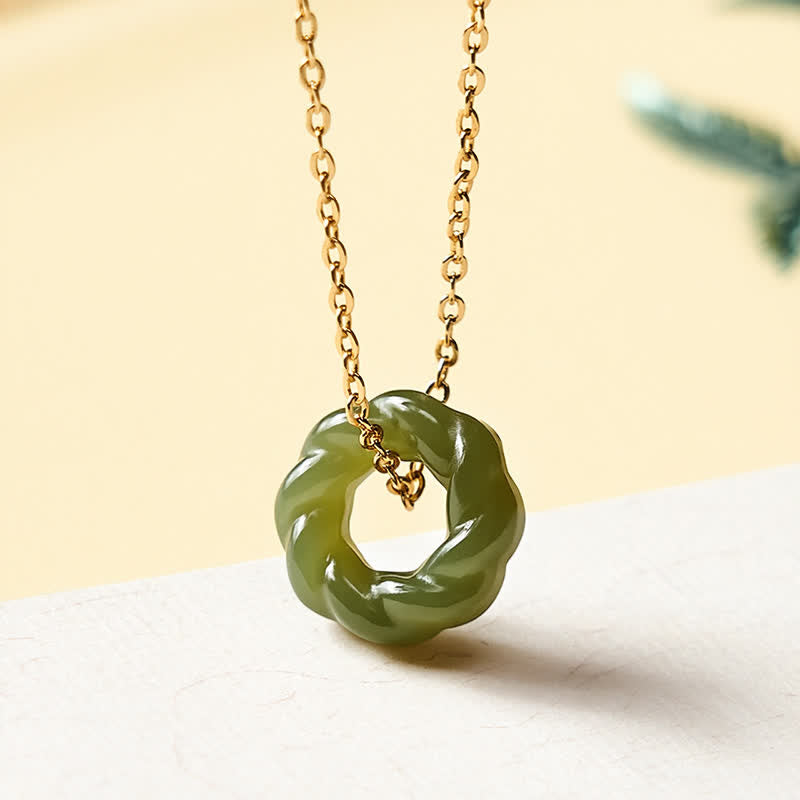 EverestArtstudios Hand Carved Hetian Jade Fried Dough Twists Blessing Vintage Necklace