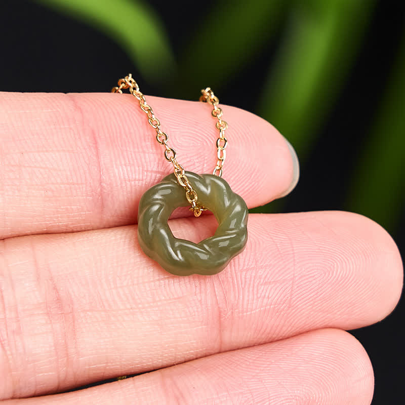 EverestArtstudios Hand Carved Hetian Jade Fried Dough Twists Blessing Vintage Necklace