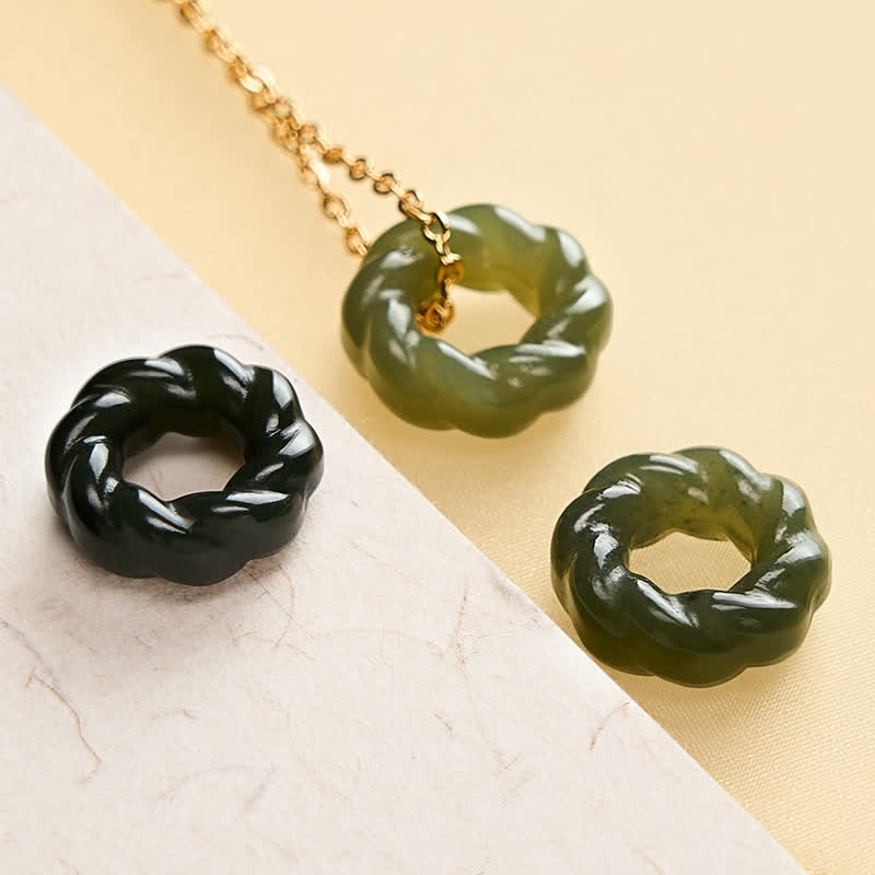 EverestArtstudios Hand Carved Hetian Jade Fried Dough Twists Blessing Vintage Necklace