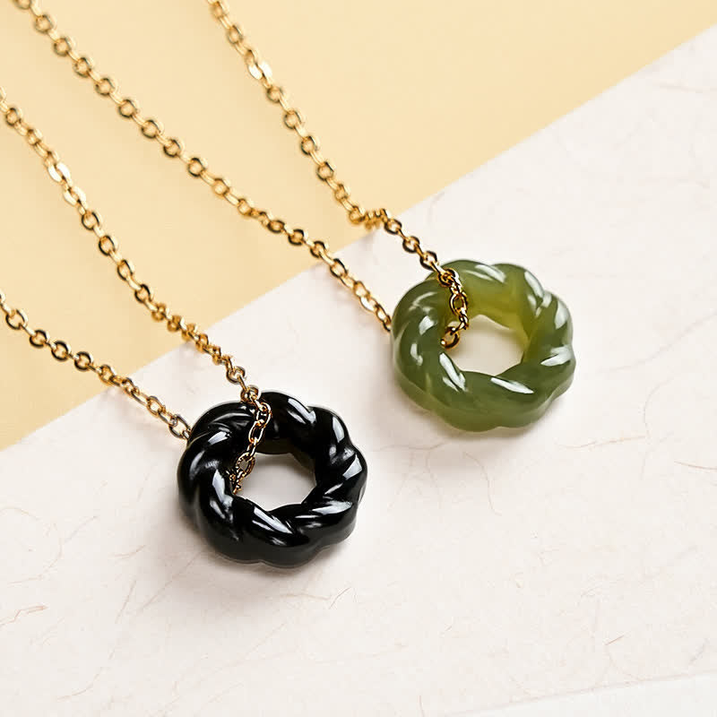 EverestArtstudios Hand Carved Hetian Jade Fried Dough Twists Blessing Vintage Necklace