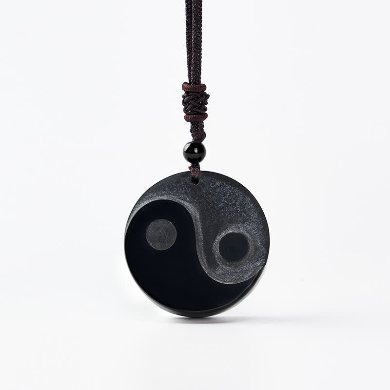 Buddha Stones Black Obsidian Yin Yang Balance Round Pendant Necklace