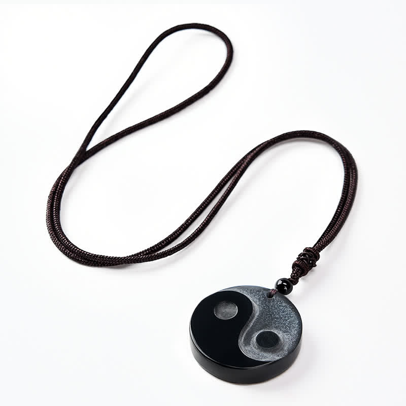 Buddha Stones Black Obsidian Yin Yang Balance Round Pendant Necklace
