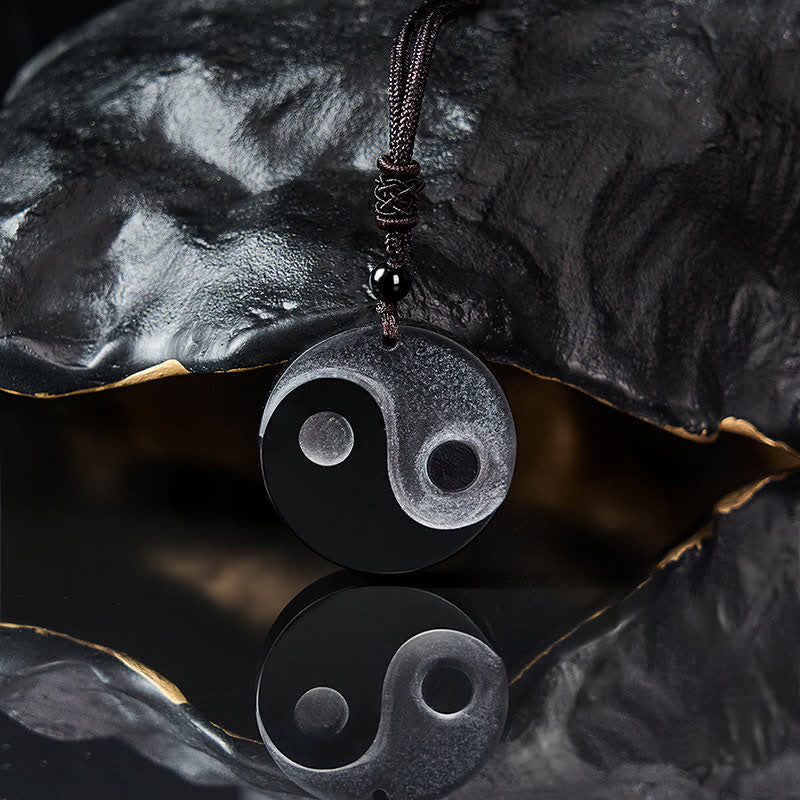 Buddha Stones Black Obsidian Yin Yang Balance Round Pendant Necklace