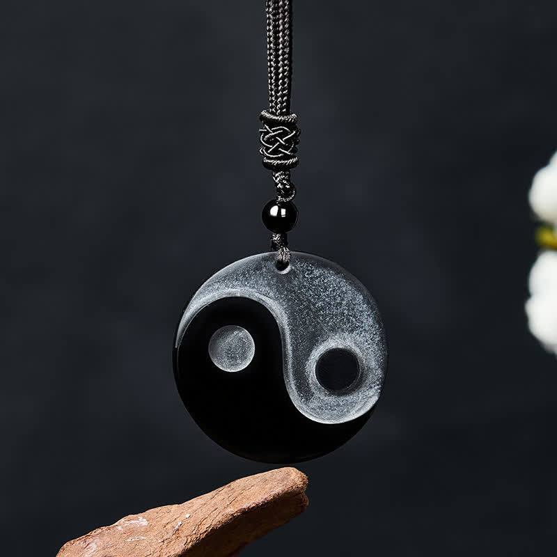 Buddha Stones Black Obsidian Yin Yang Balance Round Pendant Necklace