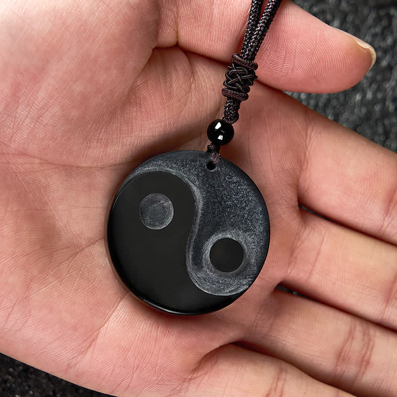 Buddha Stones Black Obsidian Yin Yang Balance Round Pendant Necklace