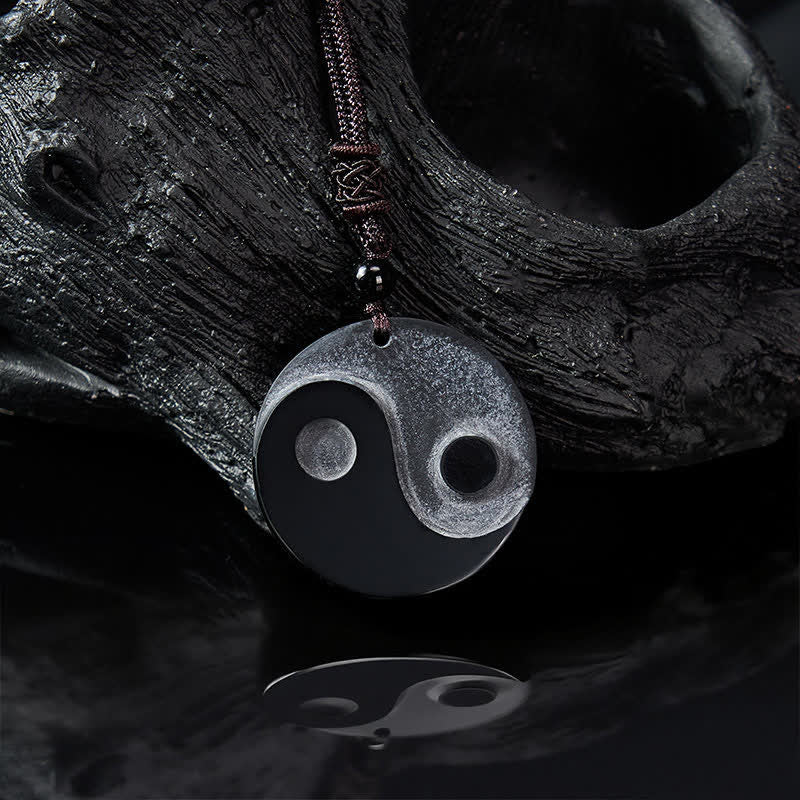 Buddha Stones Black Obsidian Yin Yang Balance Round Pendant Necklace