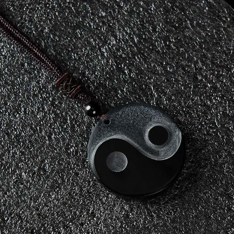 Buddha Stones Black Obsidian Yin Yang Balance Round Pendant Necklace