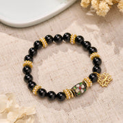 Buddha Stones Black Obsidian Cloisonné Enamel Flowers Lotus Pendant Protection Round Bead Bracelet