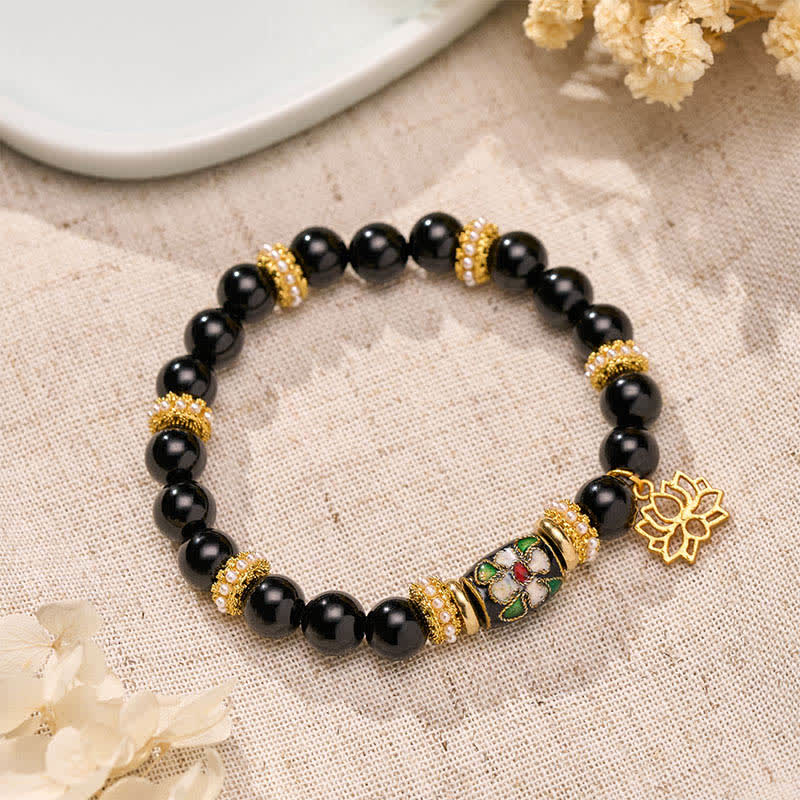 Buddha Stones Black Obsidian Cloisonné Enamel Flowers Lotus Pendant Protection Round Bead Bracelet