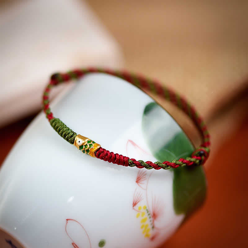 Buddha Stones 999 Gold Braided Colorful Red Green String Koi Fish Luck Bracelet Anklet
