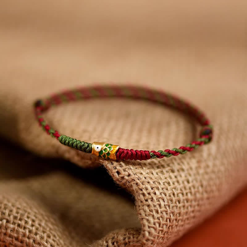 Buddha Stones 999 Gold Braided Colorful Red Green String Koi Fish Luck Bracelet Anklet