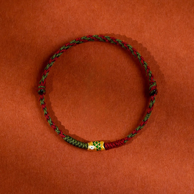 Buddha Stones 999 Gold Braided Colorful Red Green String Koi Fish Luck Bracelet Anklet