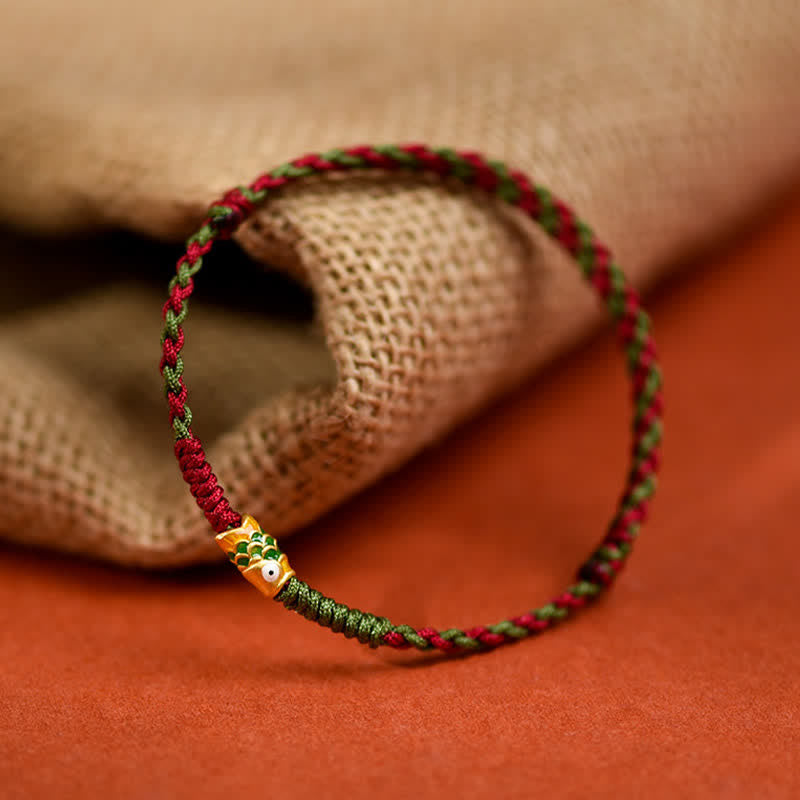 Buddha Stones 999 Gold Braided Colorful Red Green String Koi Fish Luck Bracelet Anklet