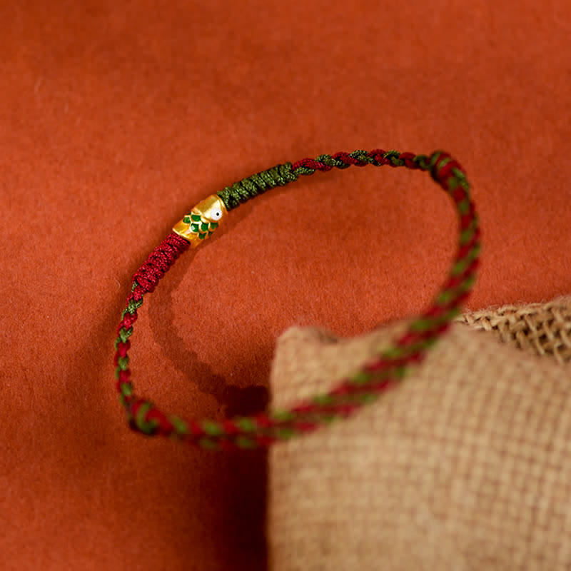 Buddha Stones 999 Gold Braided Colorful Red Green String Koi Fish Luck Bracelet Anklet