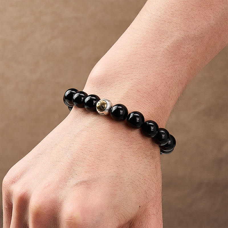 Buddha Stones Black Obsidian Yin Yang Balance Vintage Round Beaded Bracelet