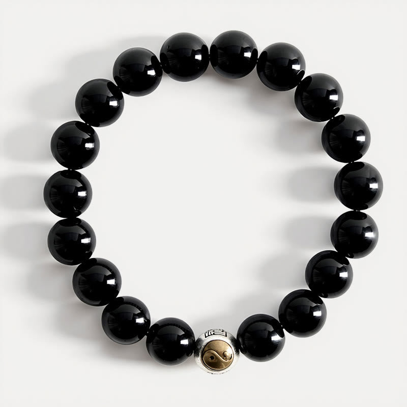 Buddha Stones Black Obsidian Yin Yang Balance Vintage Round Beaded Bracelet