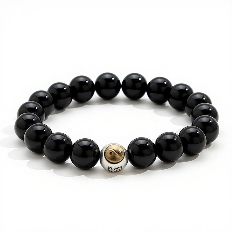 Buddha Stones Black Obsidian Yin Yang Balance Vintage Round Beaded Bracelet