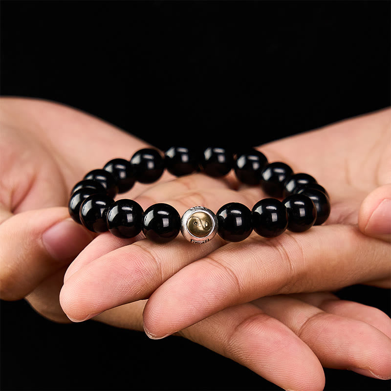 Buddha Stones Black Obsidian Yin Yang Balance Vintage Round Beaded Bracelet