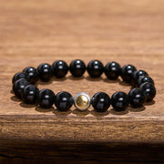 Buddha Stones Black Obsidian Yin Yang Balance Vintage Round Beaded Bracelet