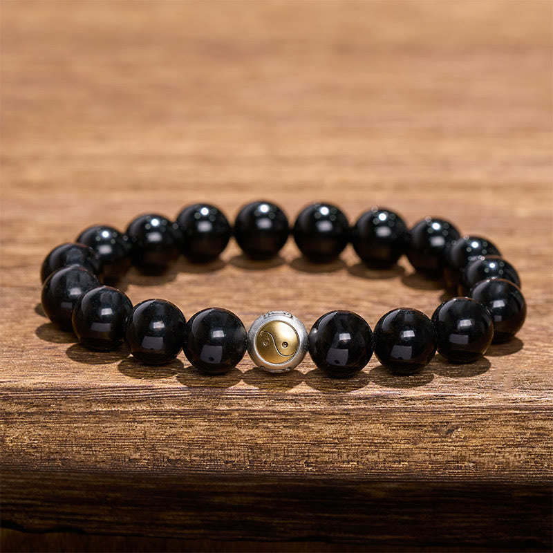 Buddha Stones Black Obsidian Yin Yang Balance Vintage Round Beaded Bracelet