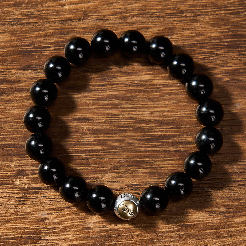 Buddha Stones Black Obsidian Yin Yang Balance Vintage Round Beaded Bracelet