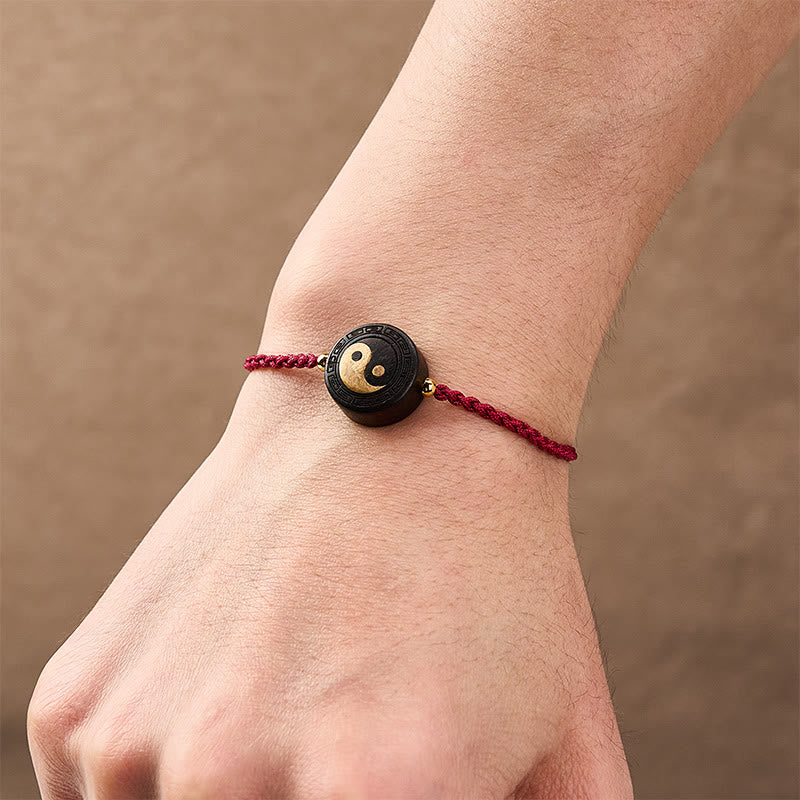 Buddha Stones Ebony Wood Bagua Grounding Red String Bracelet