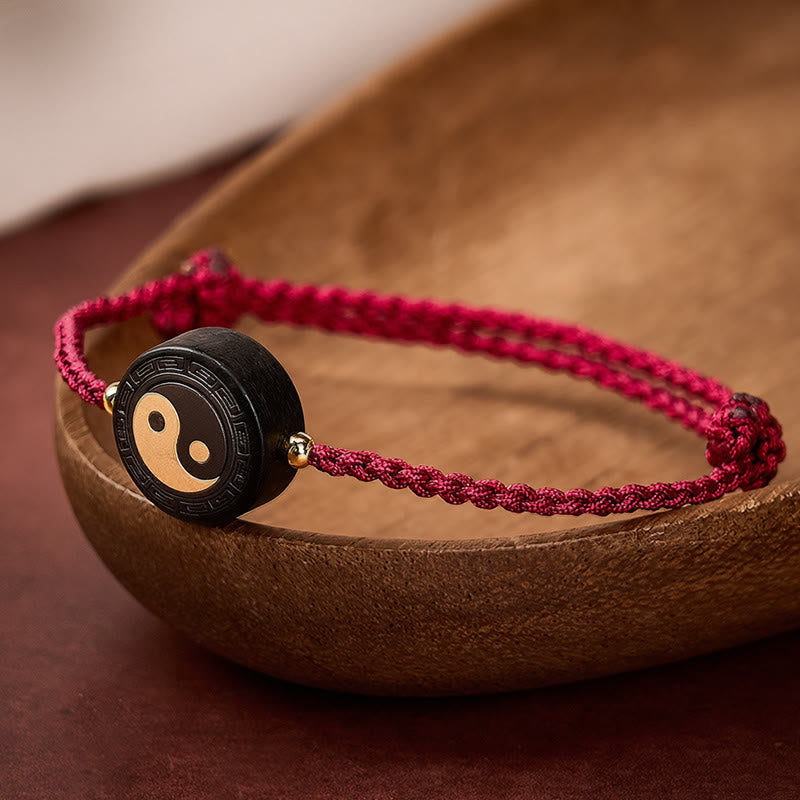 Buddha Stones Ebony Wood Bagua Grounding Red String Bracelet