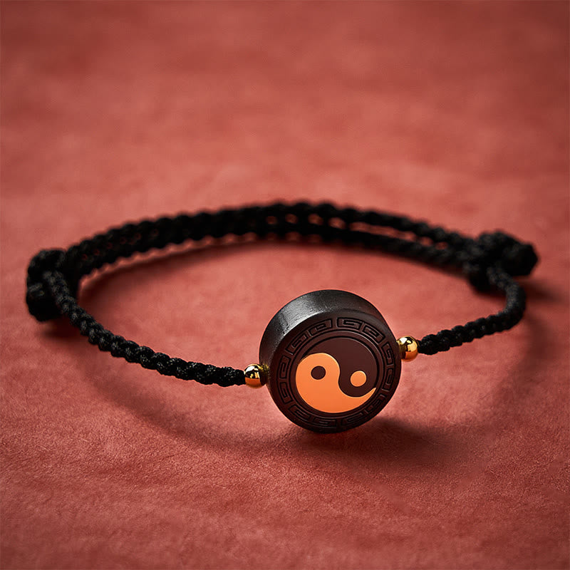 Buddha Stones Ebony Wood Bagua Grounding Red String Bracelet
