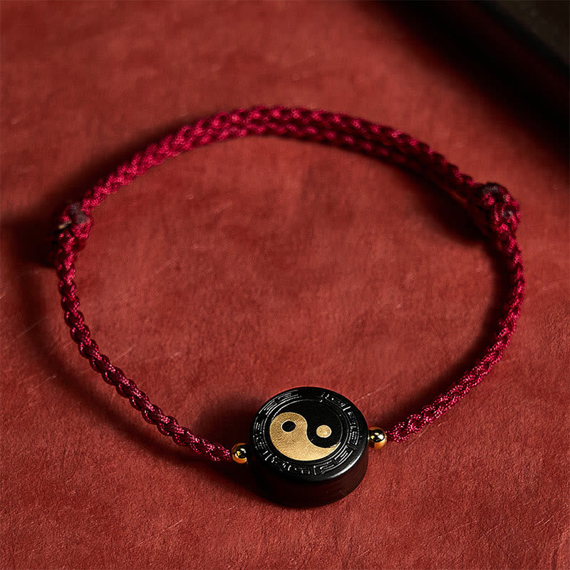 Buddha Stones Ebony Wood Bagua Grounding Red String Bracelet