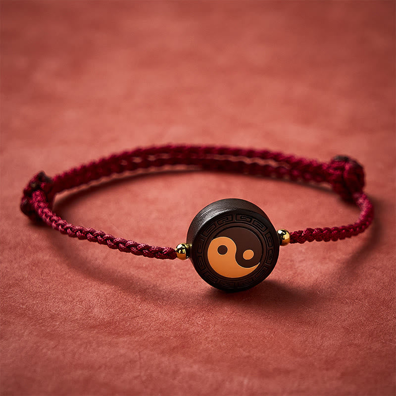 Buddha Stones Ebony Wood Bagua Grounding Red String Bracelet