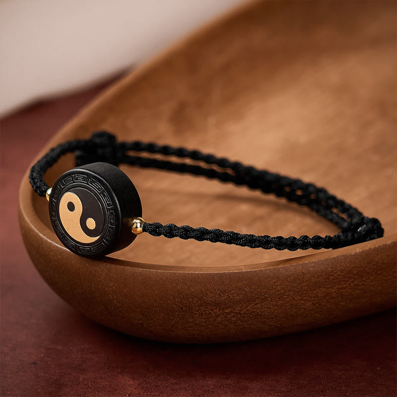 Buddha Stones Ebony Wood Bagua Grounding Red String Bracelet