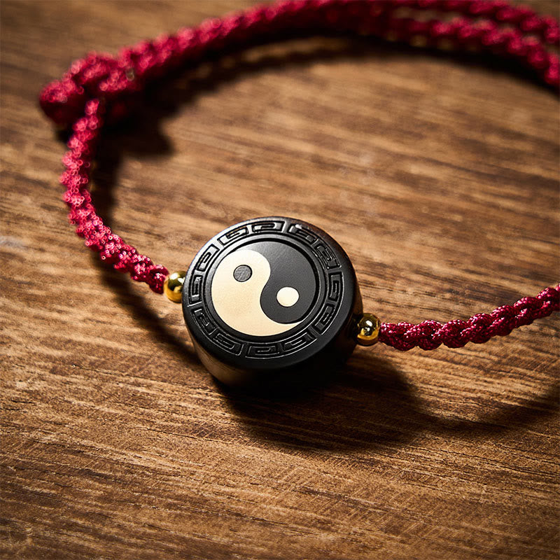 Buddha Stones Ebony Wood Bagua Grounding Red String Bracelet