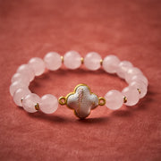 Buddha Stones Rose Quartz Song Brocade Four-leaf Clover Blessing Handmade Charm Bracelet