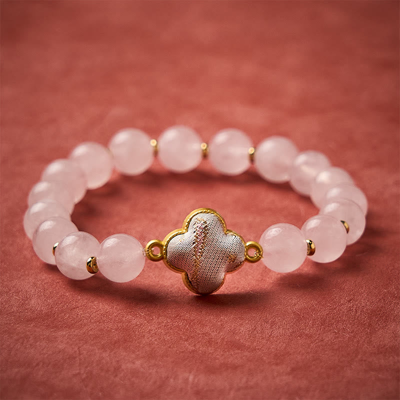 Buddha Stones Rose Quartz Song Brocade Four-leaf Clover Blessing Handmade Charm Bracelet