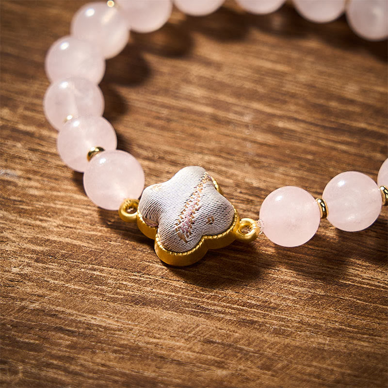 Buddha Stones Rose Quartz Song Brocade Four-leaf Clover Blessing Handmade Charm Bracelet