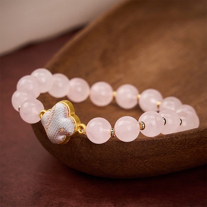 Buddha Stones Rose Quartz Song Brocade Four-leaf Clover Blessing Handmade Charm Bracelet