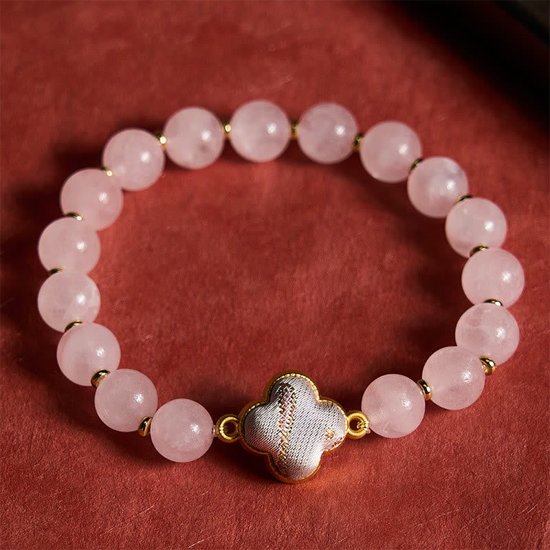 Buddha Stones Rose Quartz Song Brocade Four-leaf Clover Blessing Handmade Charm Bracelet