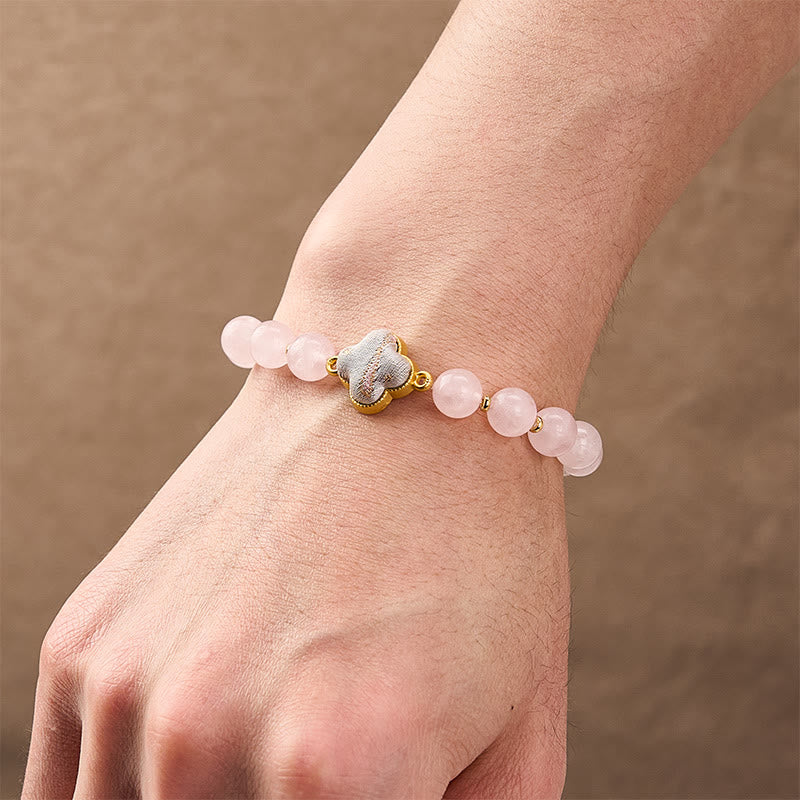 Buddha Stones Rose Quartz Song Brocade Four-leaf Clover Blessing Handmade Charm Bracelet