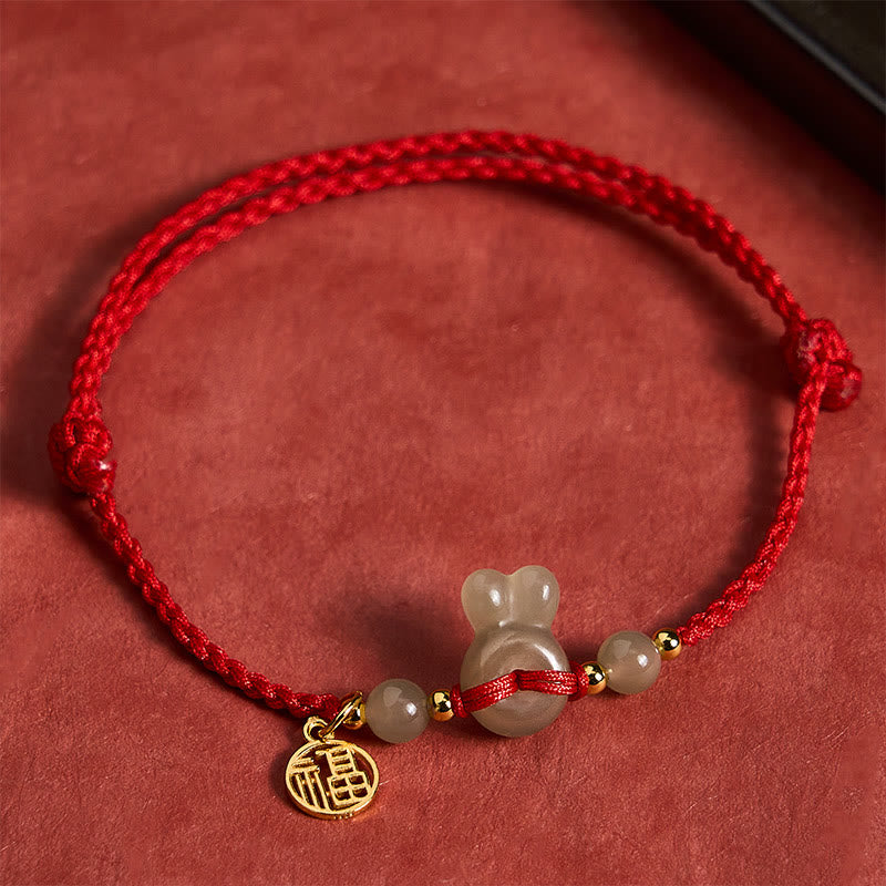 Buddha Stones Hetian Jade Rabbit-Head Peace Buckle Fu Character Grounding Red String Vintage Bracelet