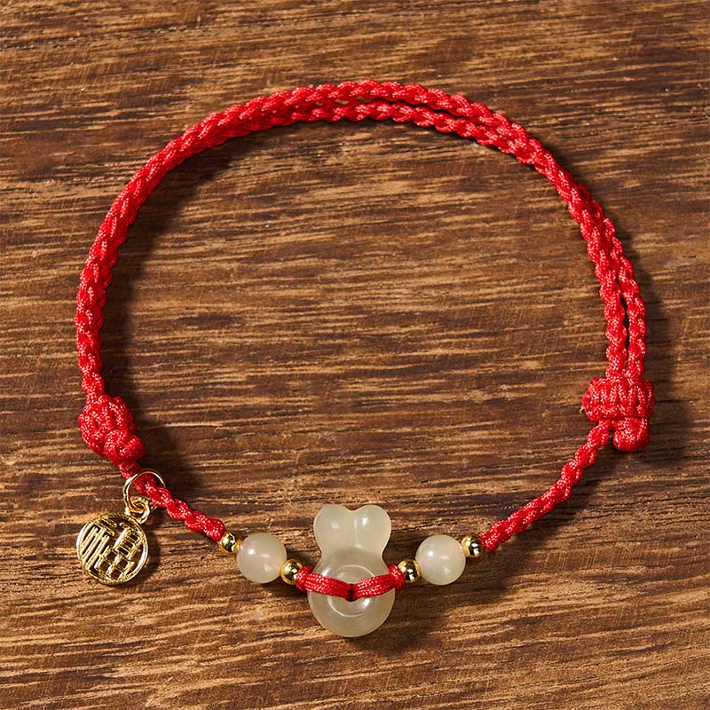 EverestArtstudios Hetian Jade Rabbit-Head Peace Buckle Fu Character Grounding Red String Vintage Bracelet