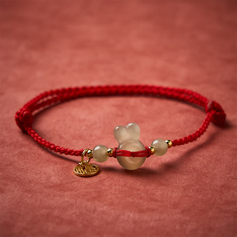 Buddha Stones Hetian Jade Rabbit-Head Peace Buckle Fu Character Grounding Red String Vintage Bracelet
