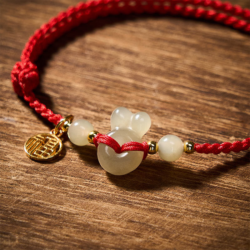 EverestArtstudios Hetian Jade Rabbit-Head Peace Buckle Fu Character Grounding Red String Vintage Bracelet