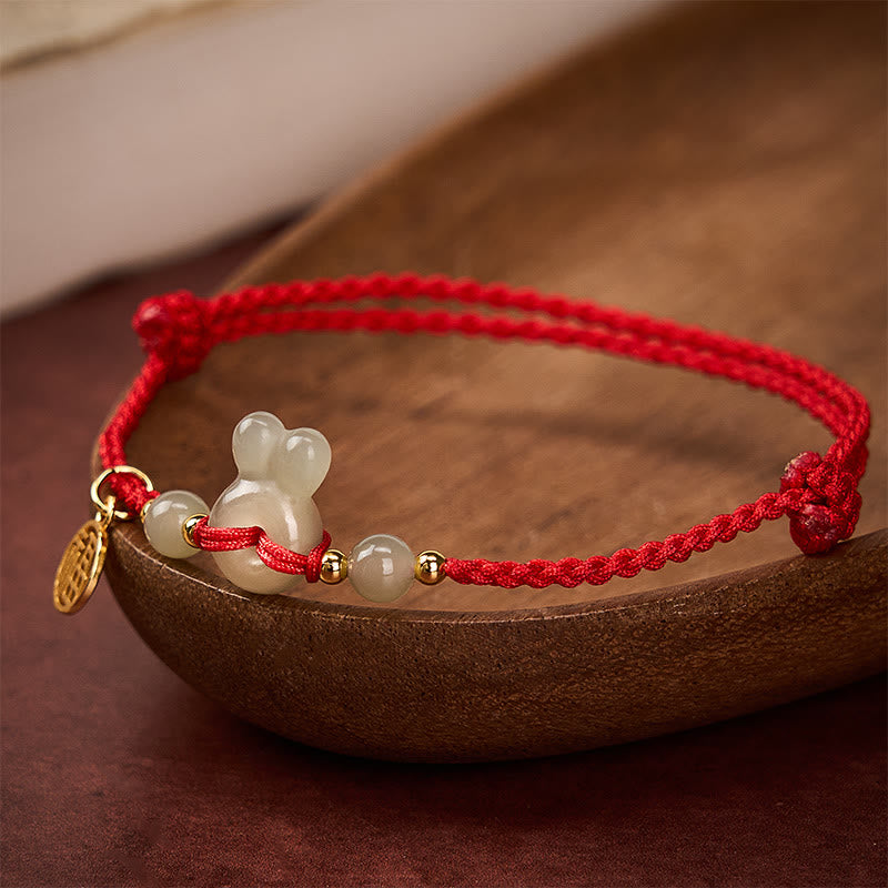 EverestArtstudios Hetian Jade Rabbit-Head Peace Buckle Fu Character Grounding Red String Vintage Bracelet